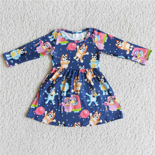 6 A14-4  Blue dog print long sleeve baby girls dresses