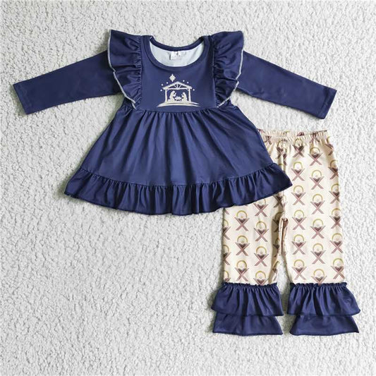6 B11-25Nativity print navy tunic ruffle pants girls Christmas outfits
