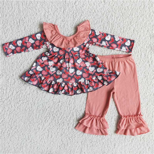 6 B7-25Heart print backless tunic ruffle pants kids girls Valentine's day clothing