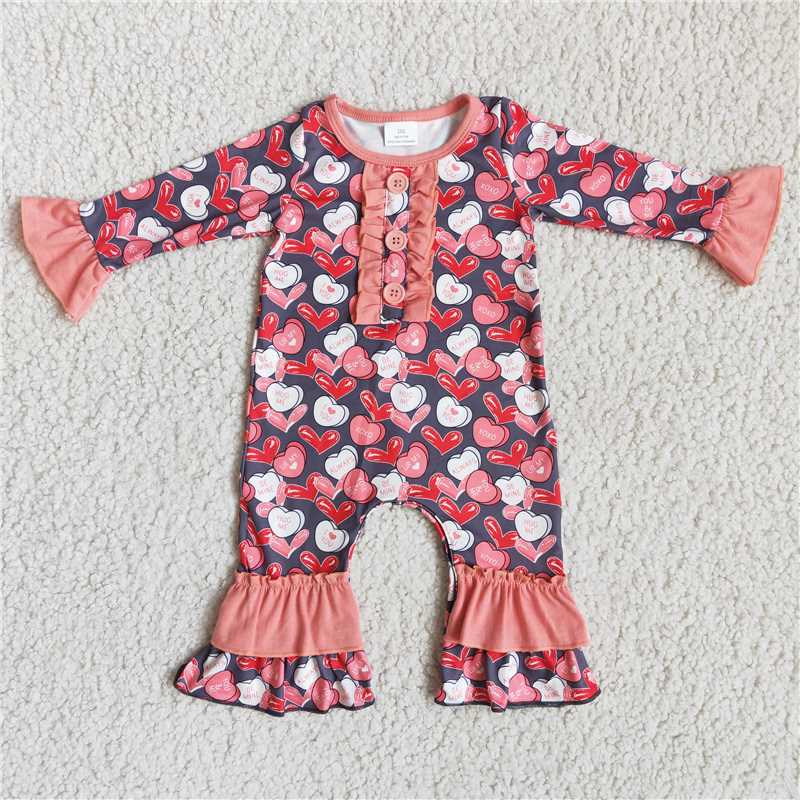 6 A7-10 Heart print long sleeve baby girls valentine's romper