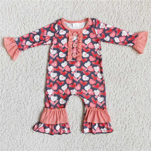 6 A7-10 Heart print long sleeve baby girls valentine's romper
