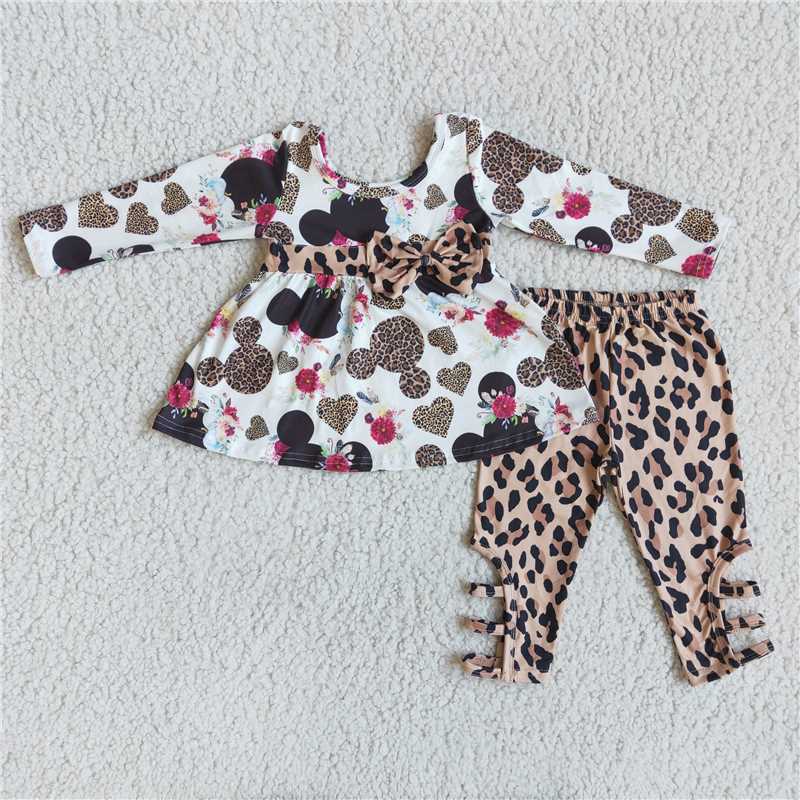 6 B9-21Floral leopard bow tunic criss cross leggings girls valentine's day clothing