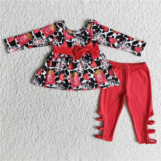 6 A25-30Red bow fries cow tunic criss cross leggings kids girls clothing