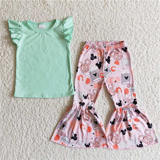 B10-28 Baby girls flutter sleeve top pink bell pants clothing sets