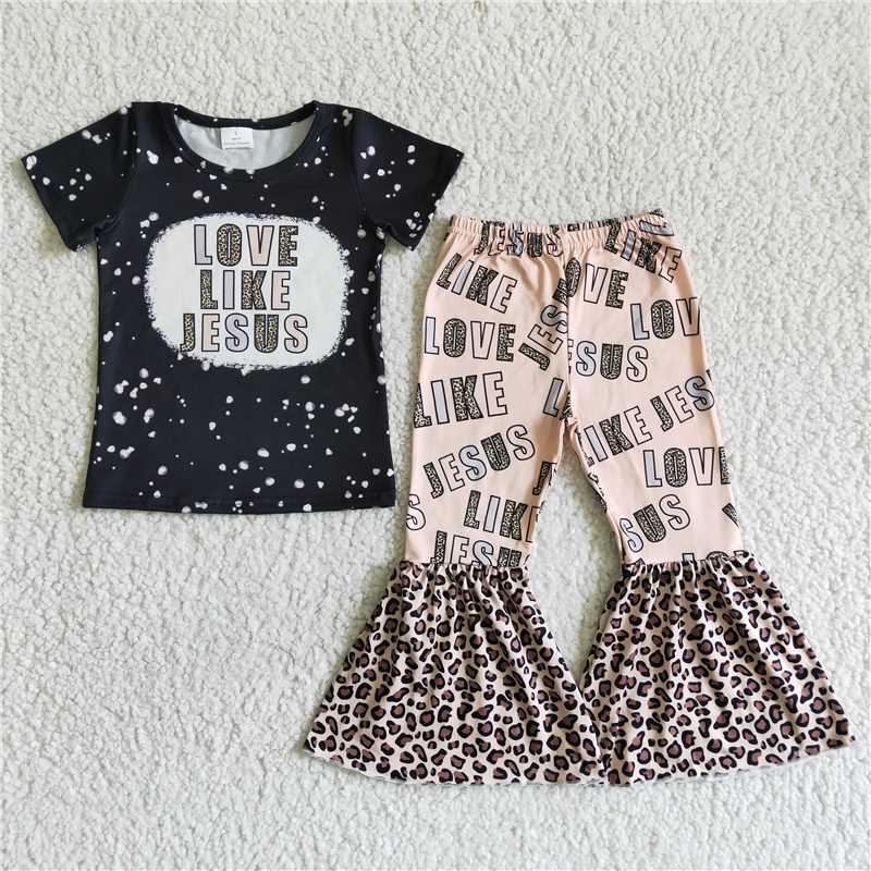 GSPO0037 love like jesus black short-sleeved leopard print flared pants suit