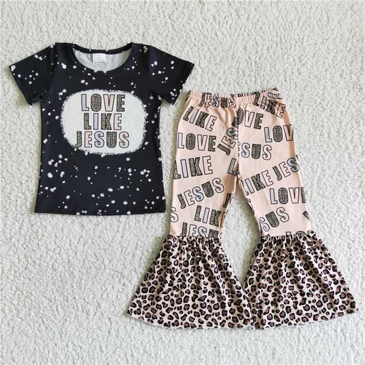 GSPO0037 love like jesus black short-sleeved leopard print flared pants suit