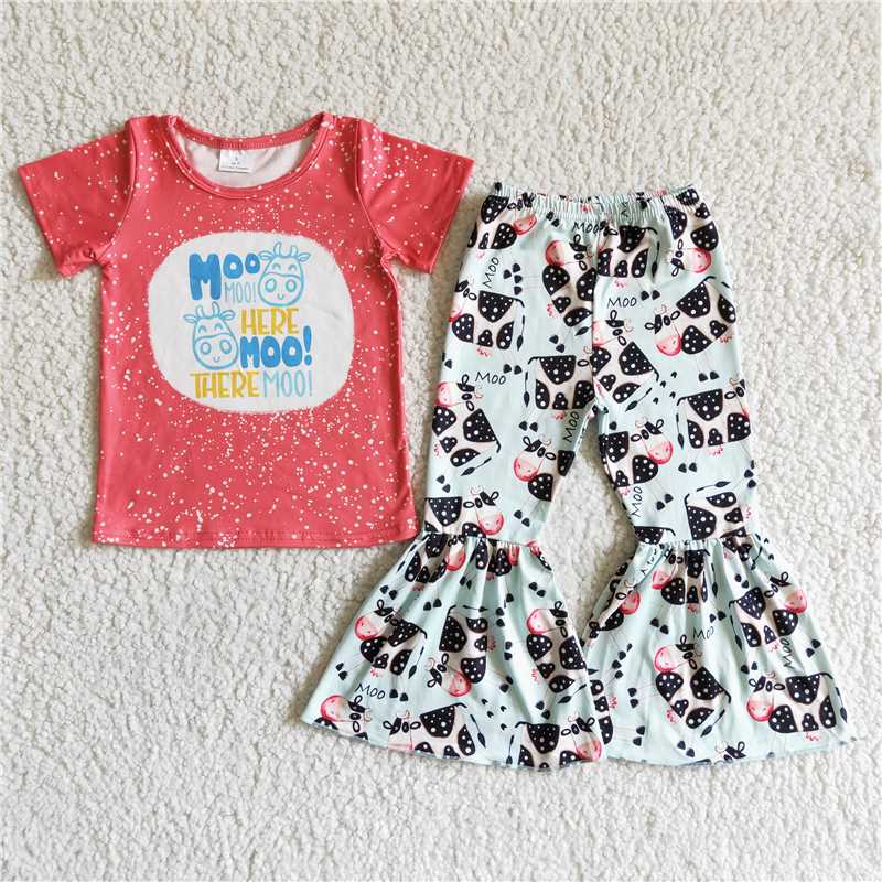 C4-25 Baby Girls Moody Red Short Sleeve Tee Shirt Top Bell Bottom Pants Sets