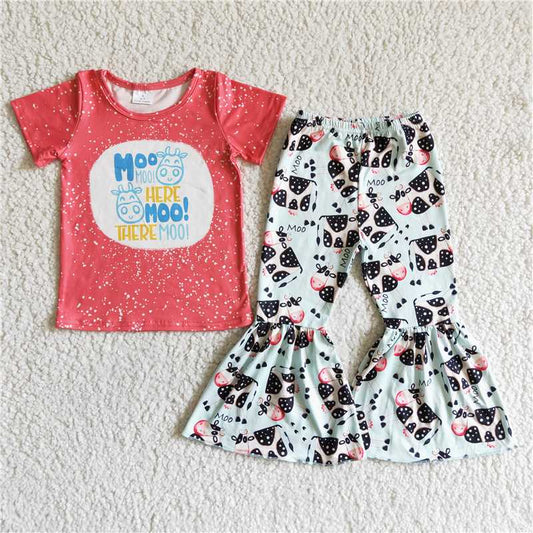 C4-25 Baby Girls Moody Red Short Sleeve Tee Shirt Top Bell Bottom Pants Sets