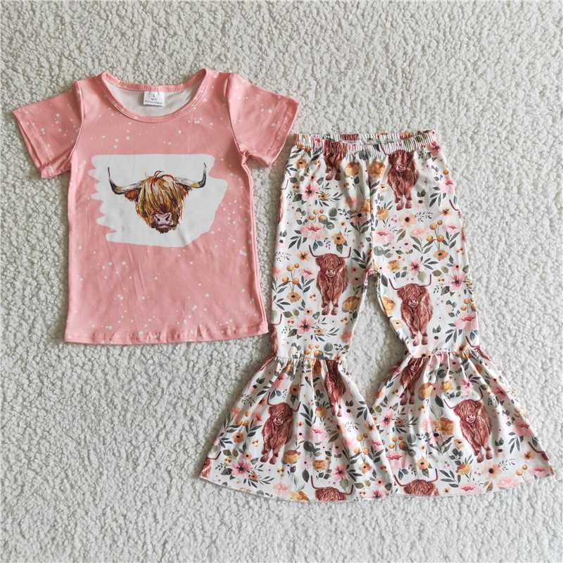 GSPO0030 Pink bull head short-sleeved floral flared pants suit