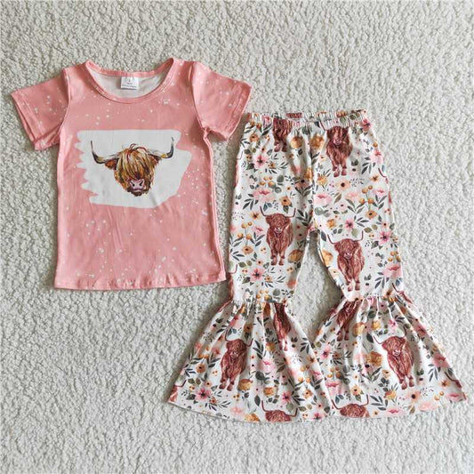 GSPO0030 Pink bull head short-sleeved floral flared pants suit