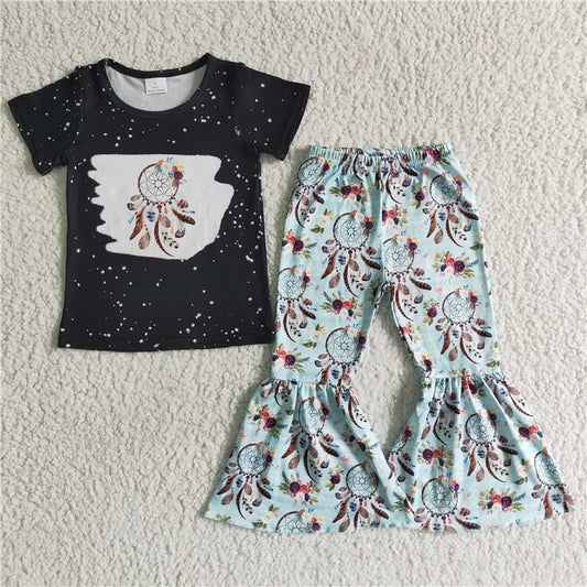 GSPO0035 Black dreamcatcher short-sleeved blue flared pants suit