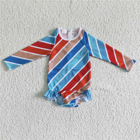 S0007  Baby Girls summer long sleeve stripe swimsuits