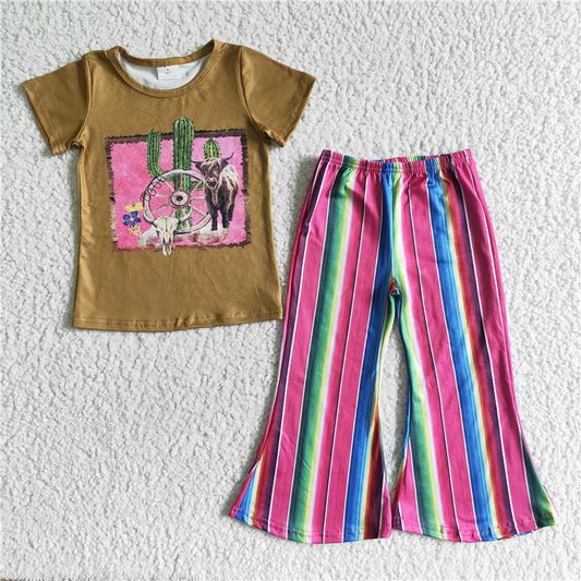 GSPO0069 Girls' Cactus Alpine Cow Brown Short Sleeve Striped Pants Set