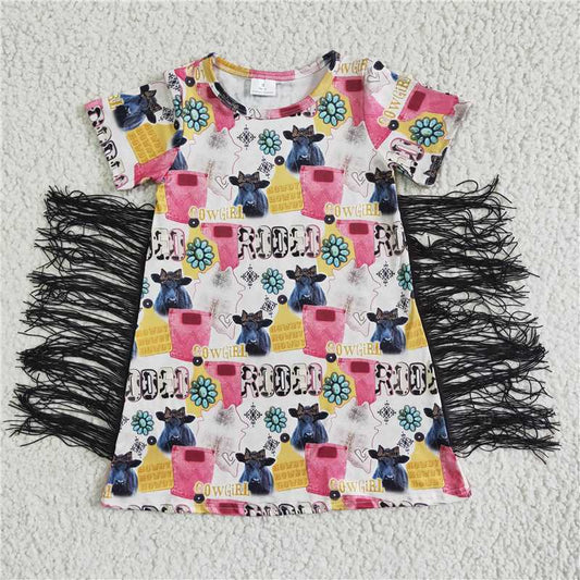 GSD0090 Girls cow letter gem short sleeve tassel dress