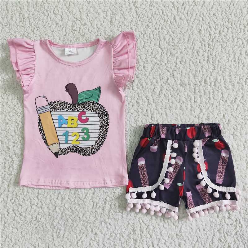 GSSO0116 Girls Back to School Leopard Apple Pencil Fly Sleeve Shorts Set