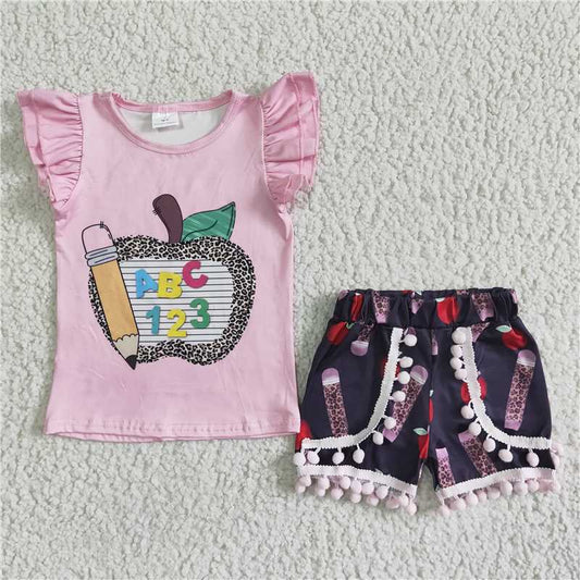 12.29 RTS NO MOQ （In stock）GSSO0116 Baby girls back to school apple shorts sets