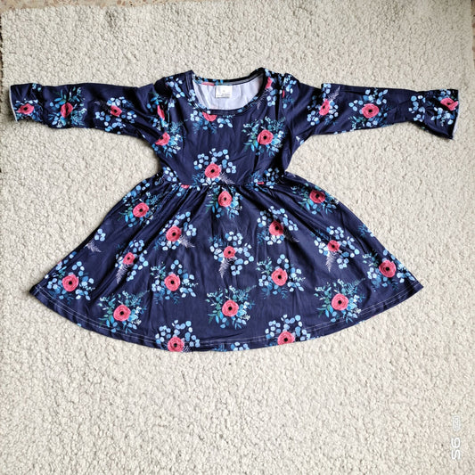 9.25 RTS NO MOQ（In stock）G3-12-2'. Baby Girls Winter Dress Pink floral and blue leaf long-sleeved dress