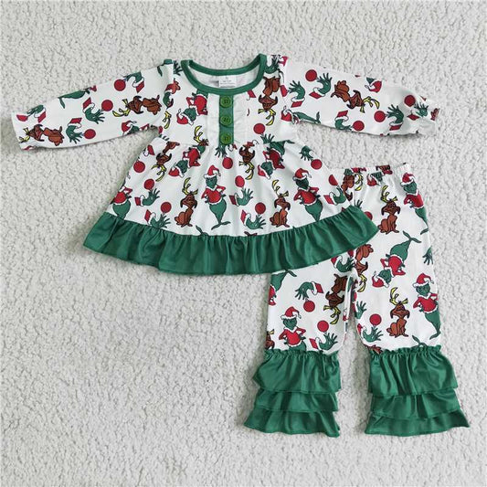 GLP0041 Girls grinch green lace long-sleeved trousers set