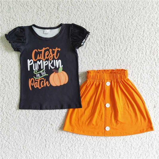 Cutest pumpkin in the patch baby girls black top skirt sets