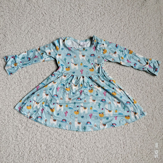 10.2 RTS NO MOQ（In stock）G4-12-4] Baby Girls Winter Dress Alpaca Rainbow Cactus Light Green Long Sleeve Dress