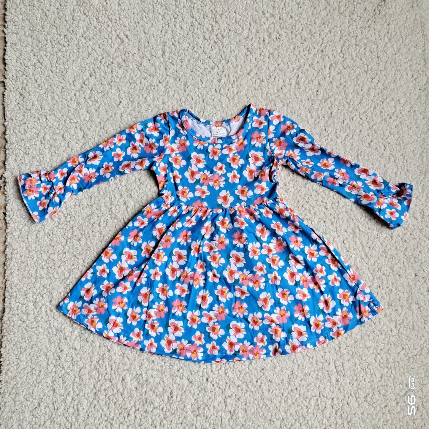 9.25 RTS NO MOQ（In stock）G4-12-5\ Baby Girls Winter Dress Sky blue long-sleeved dress with pink and white flowers