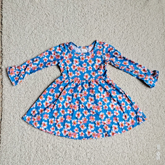 9.25 RTS NO MOQ（In stock）G4-12-5\ Baby Girls Winter Dress Sky blue long-sleeved dress with pink and white flowers