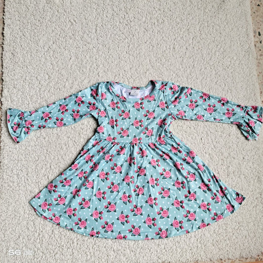 9.27 RTS NO MOQ（In stock）G4-12-6* Baby Girls Winter Dress Pink rose and white dots light green long-sleeved dress