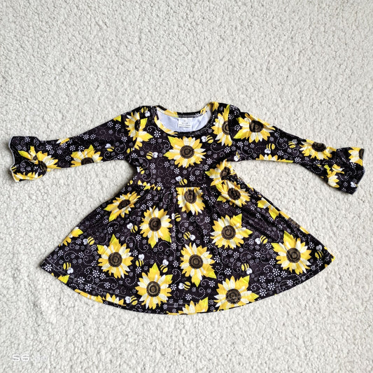 9.25 RTS NO MOQ（In stock）G4-12-6\ Baby Girls Winter Dress Yellow sunflower white dots black long sleeve dress