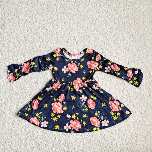 10.2 RTS NO MOQ（In stock）G4-12-6.'* Baby Girls Winter Dress Orange flower black and blue long-sleeved dress