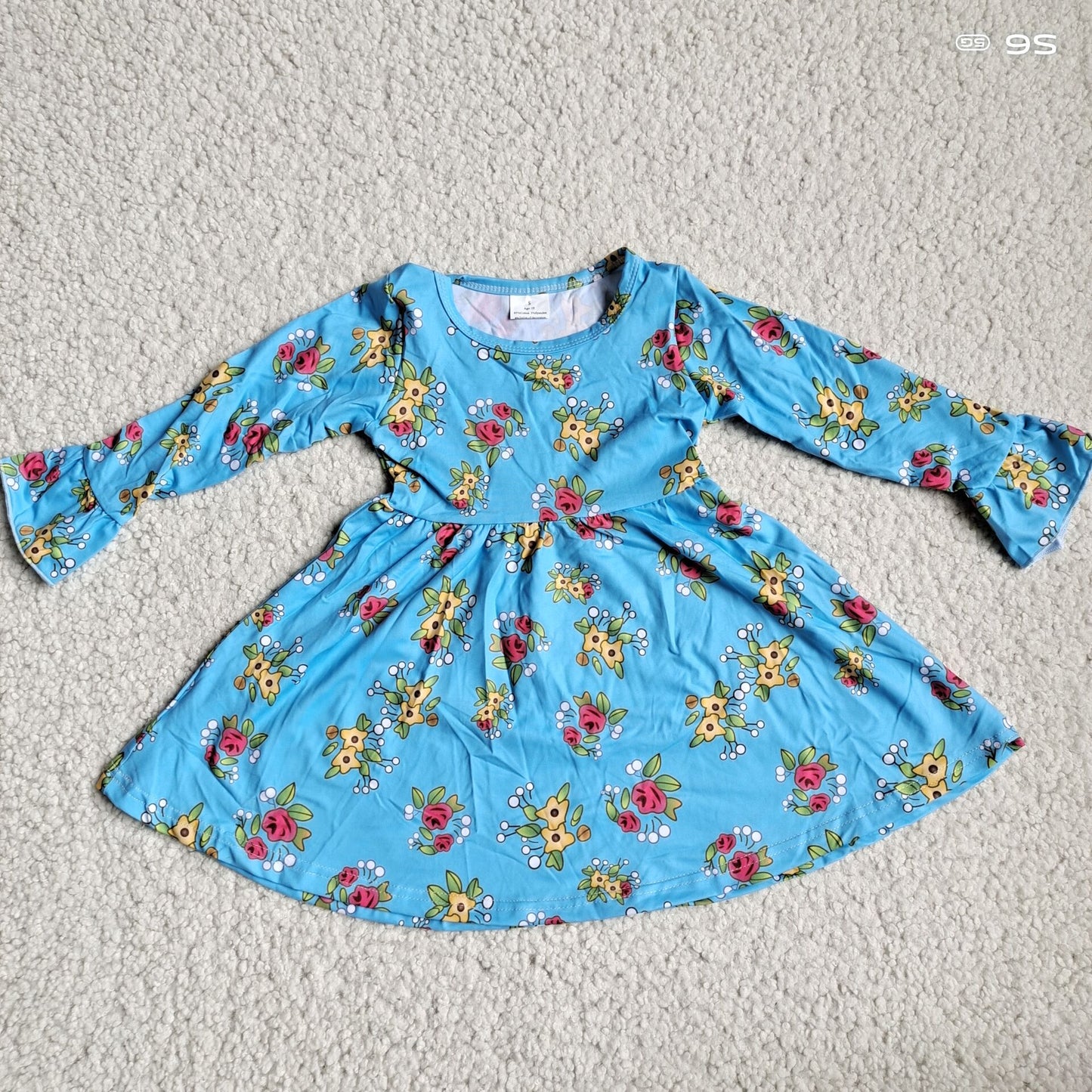 10.2 RTS NO MOQ（In stock）G4-12-6;* Baby Girls Winter Dress Rose purple and yellow floral aqua blue long-sleeved dress