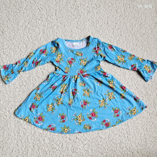 10.2 RTS NO MOQ（In stock）G4-12-6;* Baby Girls Winter Dress Rose purple and yellow floral aqua blue long-sleeved dress