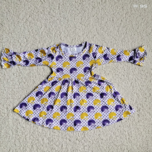 9.27 RTS NO MOQ（In stock）G4-12-7- Baby Girls Winter Dress Purple and yellow ice hockey cap and star-studded long-sleeved dress