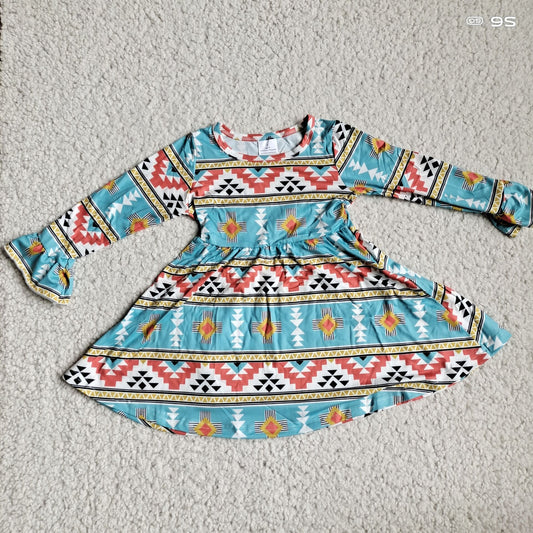 9.22 RTS NO MOQ（In stock）G4-12-7= Baby Girls Winter Dress Chrysanthemum Green Diamond Striped Long Sleeve Dress