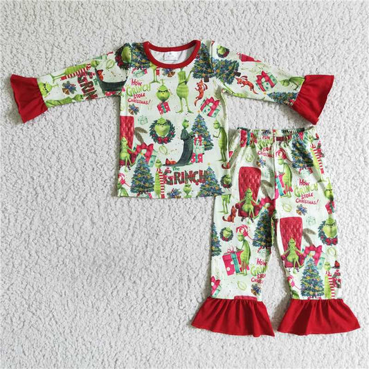 12.12 RTS NO MOQ （In stock）GLP0142 Christmas baby girls green tree pajamas legging sets