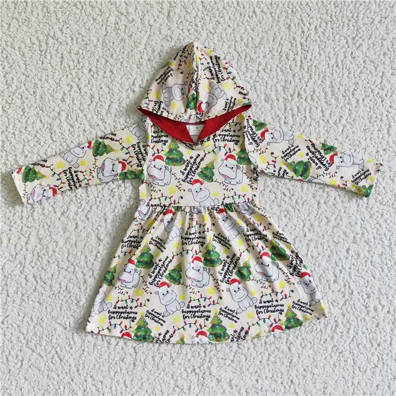 GLD0076  Baby girls hooded Christmas hippo long sleeve dresses