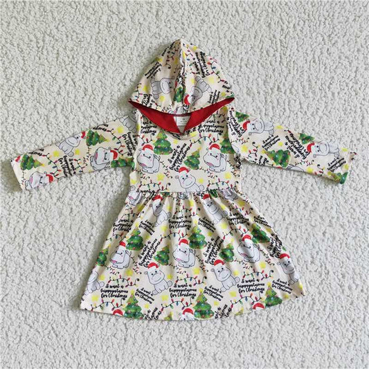 GLD0076  Baby girls hooded Christmas hippo long sleeve dresses