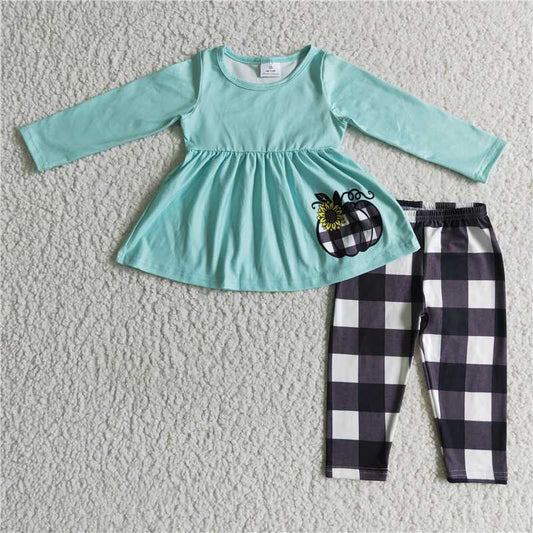 GLP0252Black plaid pumpkin tunic legging girls fall clothing set