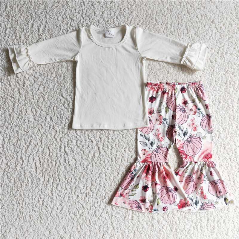 GLP0264White shirt pink pumpkin bell bottom pants girls fall clothing