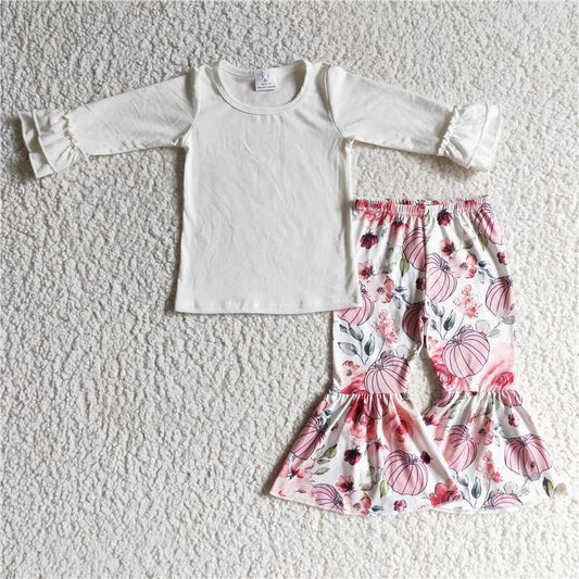 GLP0264White shirt pink pumpkin bell bottom pants girls fall clothing