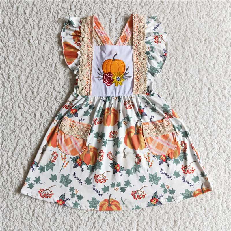 GSD0146 Embroidered pumpkin flower pocket flying sleeve vest dress