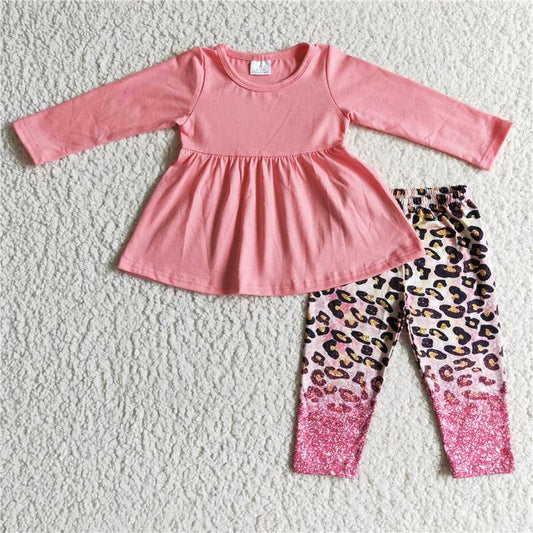 GLP0108Pink tunic leopard leggings girls fall clothing set