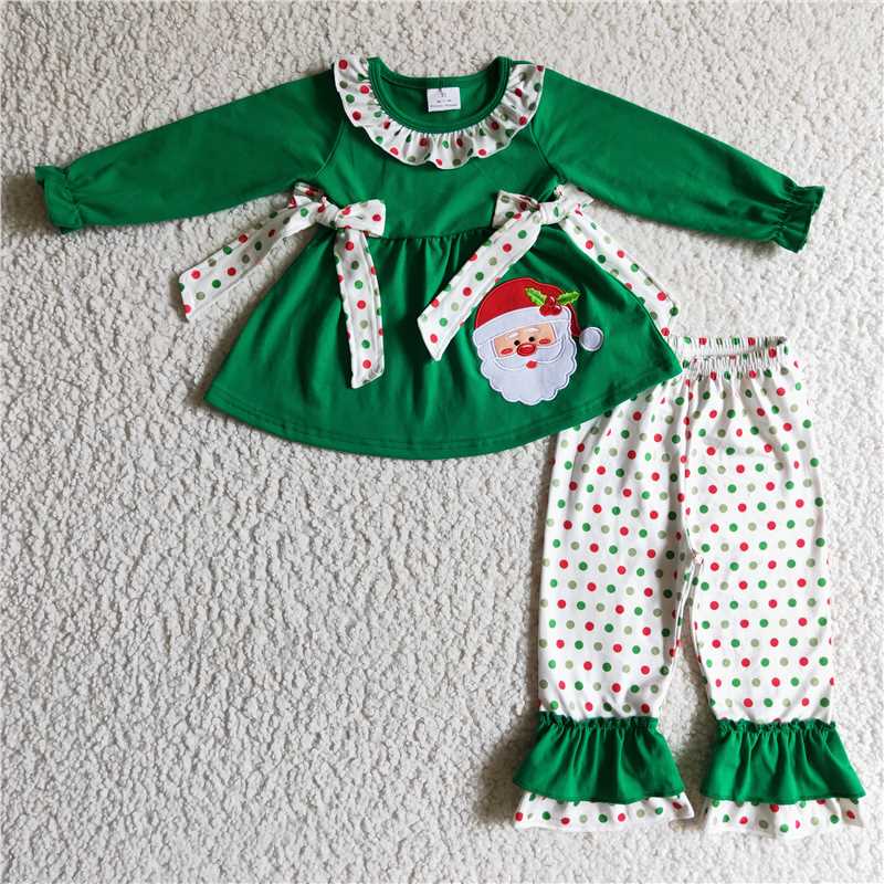 GLP0163 Girls embroidered Santa Claus green long-sleeved trousers suit