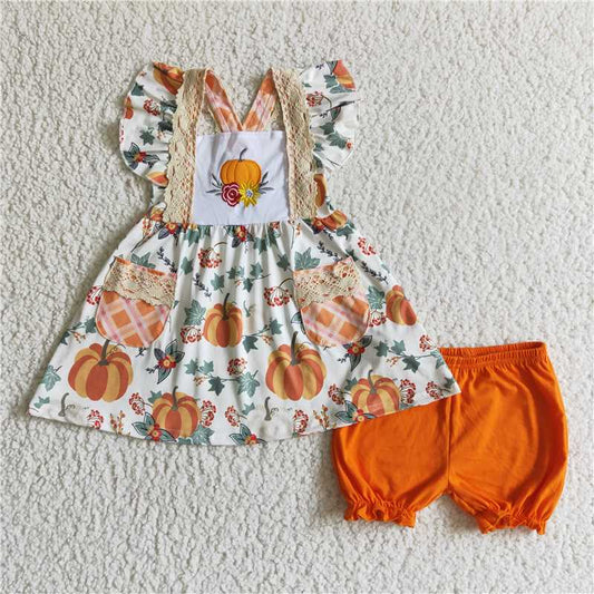 GSSO0125Pumpkin embroidery flutter sleeves tunic orange shorts girls fall set