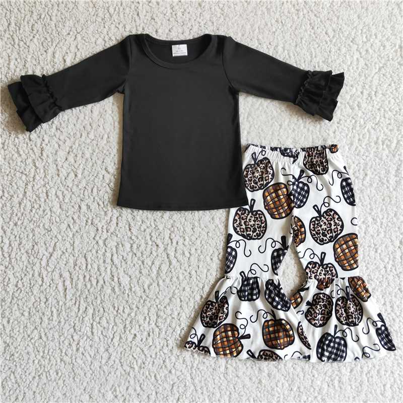 GLP0263Black shirt plaid leopard pumpkin pants girls fall clothing