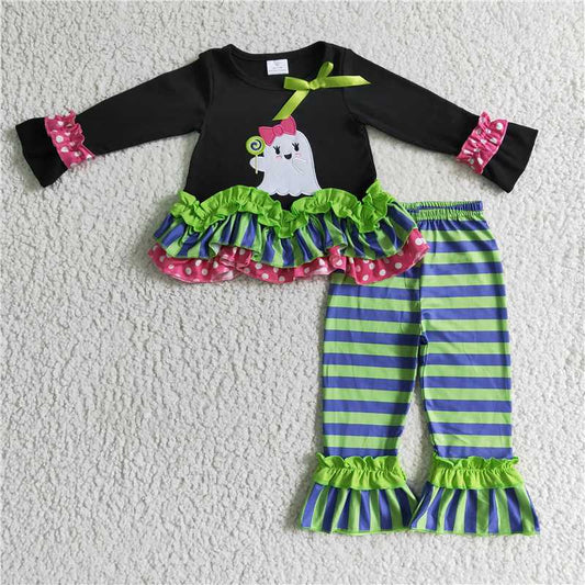 GLP0182Black ghost tunic ruffle pants kids girls Halloween clothes