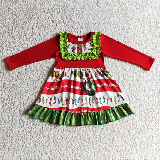 11.26 RTS NO MOQ （In stock）GLD0097 Baby girls Christmas cartoon bib long sleeve dresses