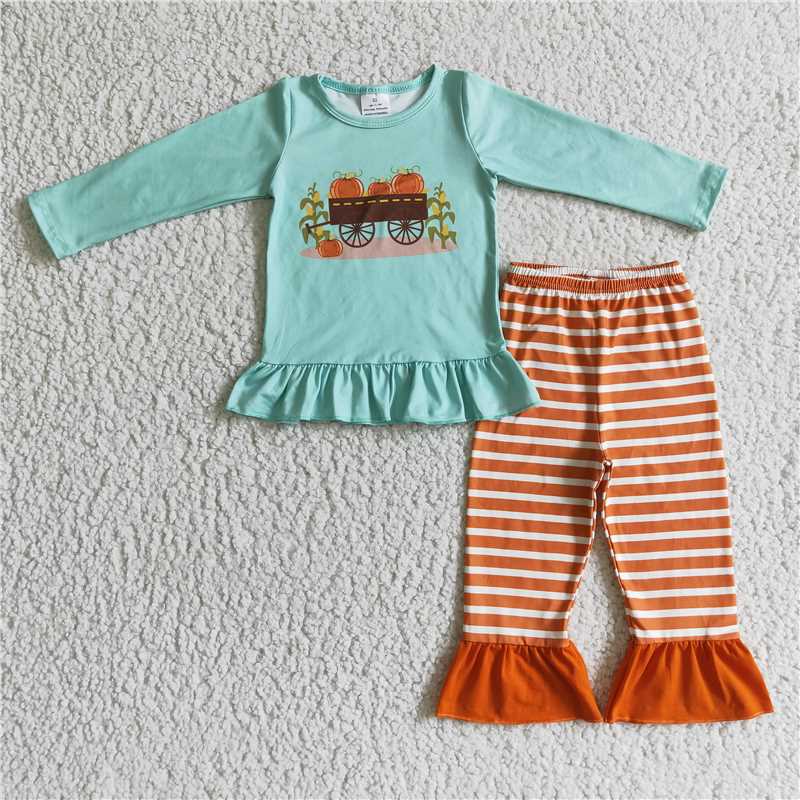 GLP0069Pumpkin corn shirt stripe ruffle pants girls fall clothing