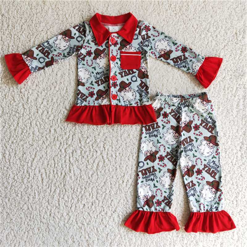 GLP0216 Girls Western Cowboy Santa Claus YALL Pocket Long Sleeve Pants Set