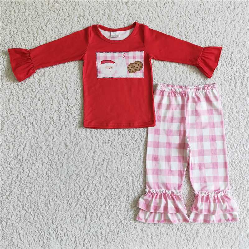 GLP0285 Girls Santa Claus Milk Cookies Long Sleeve Pink Plaid Pants Set