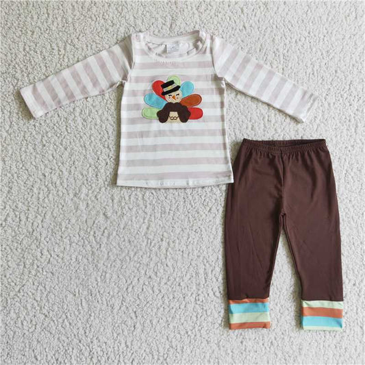 BLP0081Turkey embroidery stripe shirt brown pants boy Thanksgiving clothes